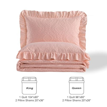 DJY Queen Size Quilt Sets, Ruffled Bedding Set, Blush Pink | Lightweight Modern Pattern Bedspreads, Bed Cover for All Seasons, 96''x90''- 3 Piece (1 Quilt, 2 Pillow Shams) - color: Pink, size: Queen