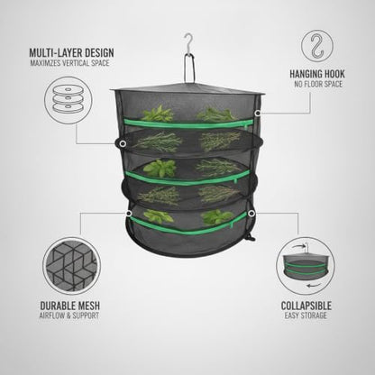 Collapsible Hanging Dryer with Zippered Mesh Layers, Space-Saving Foldable Air Drying Rack for Kitchen, Balcony, and Laundry (Black) - size: 22.83 x 22.83 x 7.09 in