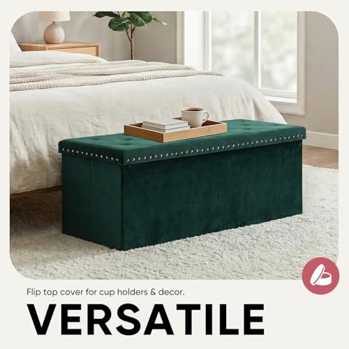 43 Inches Velvet Storage Ottoman Bench, Folding Upholstered Ottoman with Storage for Bedroom Living Room, 140L Capacity - color: Green
