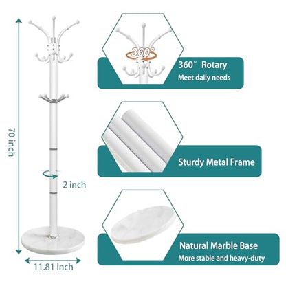 OIRUMIE Coat Rack,360°Rotary Coat Rack Stand,Coat Tree Stand for Entryway | Metal Coat Rack Freestanding with Natural Marble Base & 14 Hooks,White Modern Coat Stand, Clothes Hall Tree Stand for Hallway - color: White-14 Hooks