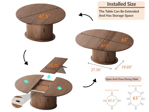 Extendable Round Dining Table for 2-4-6, 63 Inch Dining Room Kitchen Table with 2-Tier Storage Shelf, Modern Farmhouse Fluted Wood Slide Door Dinner Furniture,Oval Circle(Walnut-63 Inch) - color: Walnut-63 Inch