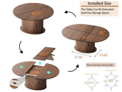 Extendable Round Dining Table for 2-4-6, 63 Inch Dining Room Kitchen Table with 2-Tier Storage Shelf, Modern Farmhouse Fluted Wood Slide Door Dinner Furniture,Oval Circle(Walnut-63 Inch) - color: Walnut-63 Inch