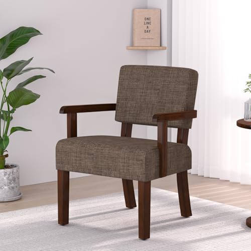 Accent Chair, Armchair with Solid Wood Frame and Legs, Brown | Upholstered Living Room Chair, Comfy Reading Chair for Bedroom, Waiting Room, Home Office, Easy Assembly - color: Linen Brown, size: One Chair