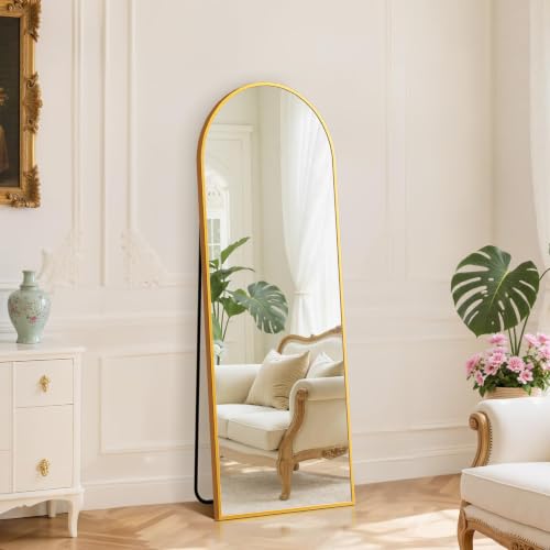 DUMOS 59"x16" Arched Full Length Mirror with Stand, Full Body Floor Mirror | Free Standing or Wall Mount, Nano Glass Aluminum Frame, Hanging or Leaning, Modern Simple Home Decor, Gold - color: Gold-arched, size: 59"L x 16"W