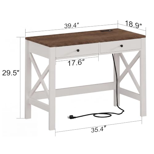 ChooChoo 40 Inches Farmhouse Computer Desk with 2 Drawers & Power Outlets | Wooden Writing Desk, Study Desk for Home Office, Makeup Vanity, Soft White - color: Soft White, size: 40inch with Power Outlet