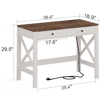 ChooChoo 40 Inches Farmhouse Computer Desk with 2 Drawers & Power Outlets | Wooden Writing Desk, Study Desk for Home Office, Makeup Vanity, Soft White - color: Soft White, size: 40inch with Power Outlet
