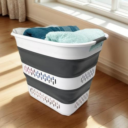 SAMMART 40L (10.5 Gallon) Collapsible Plastic Laundry Basket - Foldable Pop Up Storage Container/Organizer - Portable Laundry Hamper - Space Saving (1, White/Steel Grey) - color: White/Steel Grey