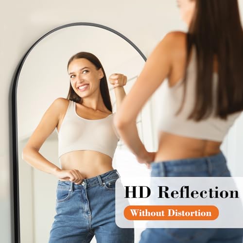 DUMOS 64"x21" Arched Full Length Mirror with Stand, Full Body Floor Mirror | Free Standing or Wall Mount, Nano Glass Aluminum Frame, Hanging or Leaning, Modern Simple Home Decor, Black - color: Black-rounded, size: 64"L x 21"W