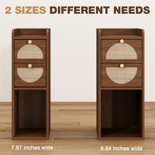 Narrow Nightstand (Rattan & Wood) - Small Bedside Table with 2 Drawers, Open Shelf, Mid Century Modern End Table - for Bedroom, Living Room & Small Spaces, Walnut - color: Walnut, size: 7.9"W (1 Pc)