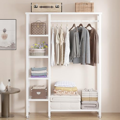 VECELO Open Garment Clothing Rack, Free-Standing Heavy Duty Storage Closet with 5 Shelves and Hanging Rod for Small Spaces, Max Load 350LBS, White - color: White
