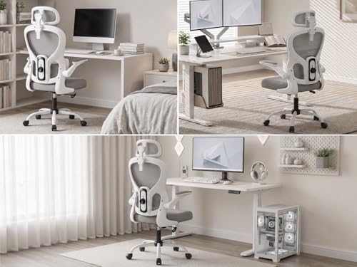 Ergonomic Office Chair with Adjustable Headrest & Lumbar Support, High Back Mesh Desk Chair, 330 LBS Capacity Swivel Computer Chair with Flip-Up Arms, Home Office Gaming Chair(Grey)