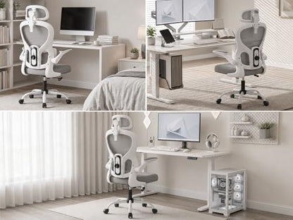 Ergonomic Office Chair with Adjustable Headrest & Lumbar Support, High Back Mesh Desk Chair, 330 LBS Capacity Swivel Computer Chair with Flip-Up Arms, Home Office Gaming Chair(Grey)