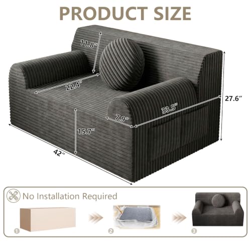 42" Boneless Oversized Chair with Side Pocket, Sofa Small Single Couch in a Box, Deep Seating Boneless Chair for Bedroom Living Room Office Apartment, No Assembly, Dark Grey - color: Dark Grey, size: 42'' Style 3