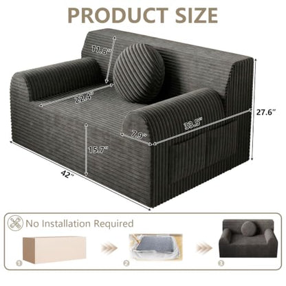 42" Boneless Oversized Chair with Side Pocket, Sofa Small Single Couch in a Box, Deep Seating Boneless Chair for Bedroom Living Room Office Apartment, No Assembly, Dark Grey - color: Dark Grey, size: 42'' Style 3