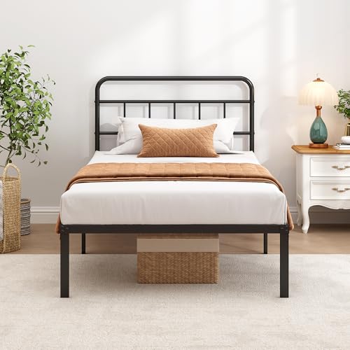 Twin Bed Frame with Classic Headboard, Black | Strong Metal Slats Support,Under Bed Storage Space,No Box Spring Needed,Easy to Assemble - size: Twin