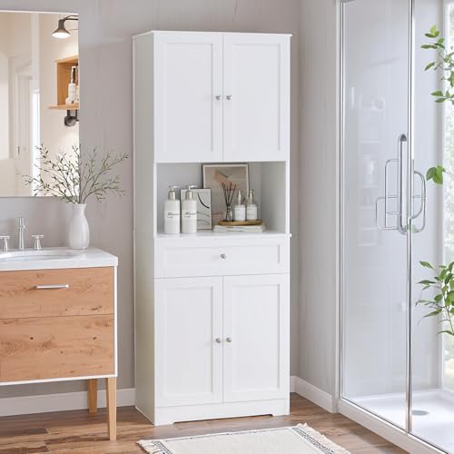 Tall Bathroom Storage Cabinet with Drawer, Modern Linen Cabinet,White | 67"H Tall Storage Cabinet with Doors & Shelves, Freestanding Kitchen Pantry for Bathroom, Dining Room, Laundry, Narrow Corner - color: White