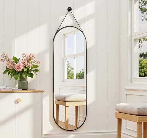 Dewfig 48"x16" Full Length Mirror, Oval Wall Mirror Leather Strap, Black | Hanging Mirror with Aluminum Frame, Leaning/Hanging/Wall-Mounted, Suitable for Bedroom, Livingroom, Cloakroom, Entryway - color: Black-oval, size: 48"L x 16"W