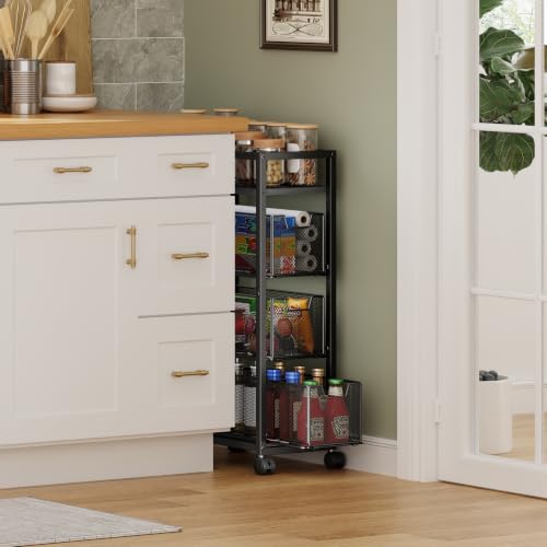 4 Tier Narrow Kitchen Rolling Cart, 9.1" Wide Slim Kitchen Storage Cart with Pull-Out Baskets, Adjust Pantry Organizer and Storage Cart with Wheels, Multifunctional Fruit Vegetable Spice Storage Cart - size: Small 4 Tier Black