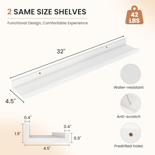 Dreamland Picture Ledge Shelf for Wall, Floating Shelves Set of 2, 32 Inch Long Floating Shelves with Lip for Living Room, Bedroom, Bathroom, Kitchen, White - color: White, size: 32inch