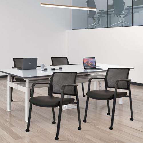CLATINA Stacking Office Chair with Wheels, Mesh Back Waiting Room Guest Chairs with Arms Comfortable Leather Cushion Stackable Desk Chair for Conference Reception School Side Stationary, Black, 4PK - color: Withwheels Black Leather, size: 4 pack