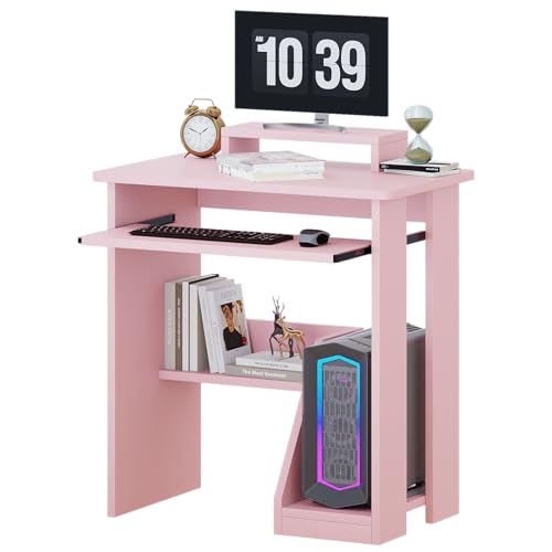 24 inch Desk for Small Spaces, Computer Desk with Monitor Stand, Keyboard Tray & Storage Shelf, Writing Gaming Table for Bedroom, Living Room, Study Room (Pink) - color: Pink