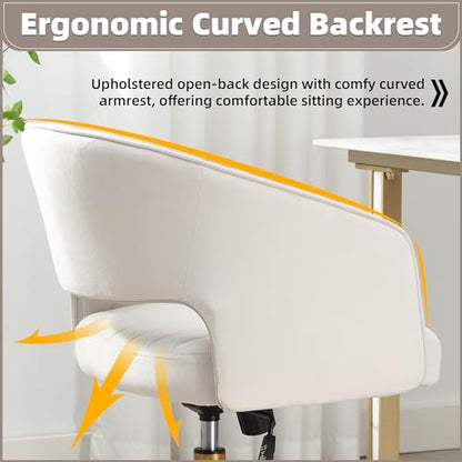 Desk Chair with Wheels, Gold Base, Velvet Accent Vanity Armchair, Off-White | Spacious‌ Soft Seat, Swivel Height Adjustable, Rocking Function, Modern Stripe for Girls &Women Bedroom Makeup or Nail - color: Off-white Cream Velvet