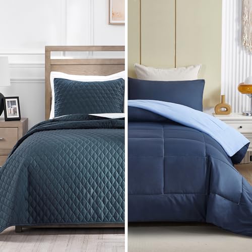 Exclusivo Mezcla Ultrasonic Reversible Full Queen Quilt Bedding Set and Lightweight Reversible Queen Comforter Set Bundle