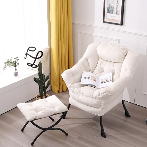 Lazy Chair with Ottoman, Comfy Accent Reading Chair, Velvet Beige | Foldable Footrest,Removable Cover,with Armrests and Side Pockets,Upholstered Lounge Chair for Bedroom,Dorm,Office,Small Space - color: Velvet Beige