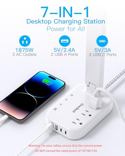 One Beat Small LED Desk Lamp Power Strip 5ft Extension Cord with 3 Outlets 4 USB Ports(2 USB C), 4 Modes, 5 Level Touch Lamp Study Reading Light, Home Office Bedroom College Dorm Room Essentials,White | One Beat 4 Modes 5 Level Brightness Touch Lamp, Smal