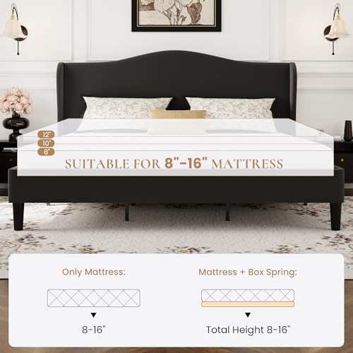 SHA CERLIN King Size Bed Frame with Curved Wingback Headboard, Soft Black | Modern Luxury Design Velvet Platform Bed with Sturdy Wooden Slats,Noise-Free, No Box Spring Needed, Easy Assembly - color: Soft Black, size: King