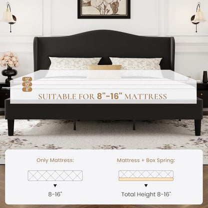 SHA CERLIN King Size Bed Frame with Curved Wingback Headboard, Soft Black | Modern Luxury Design Velvet Platform Bed with Sturdy Wooden Slats,Noise-Free, No Box Spring Needed, Easy Assembly - color: Soft Black, size: King