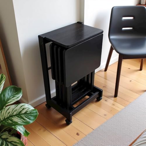 Furnifact Coffee Color Solid Wood TV Tray Set – Folding Snack Tables with Stand for Eating, Serving, and Working Comfortably in Any Living Space