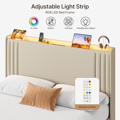 Gizoon Queen Bed Frame with Charging Station and LED Lights | Upholstered Wingback Platform Bed with Padded Headboard,Wooden Slats,Noise-Free,No Box Spring Needed, Easy Assembly,Beige - color: Beige+led, size: Queen