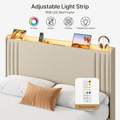 Gizoon Queen Bed Frame with Charging Station and LED Lights | Upholstered Wingback Platform Bed with Padded Headboard,Wooden Slats,Noise-Free,No Box Spring Needed, Easy Assembly,Beige - color: Beige+led, size: Queen