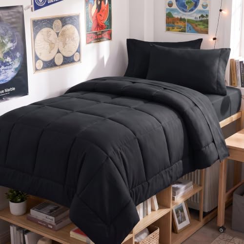 Twin XL Comforter Set Black - 5 Pieces Twin XL Bed in a Bag | College Dorm Essentials, OEKO-TEX Certified, All Season, Down-Alternative Comforter + Flat & Fitted Sheets + 2 Pillowcases - color: Black, size: Twin XL