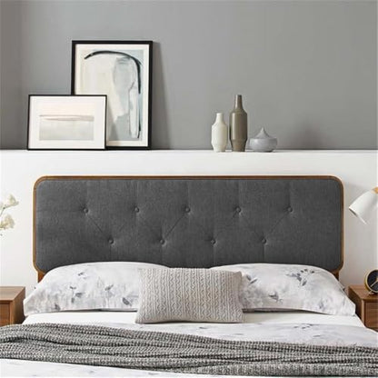 Pemberly Row Tufted King Fabric and Wood Headboard, 48"H x 79.5"W, Walnut and Charcoal Finish, Dense Foam Padding, Button Tufted, Modern Bedroom Furniture, Compatible with Interchangeable Bed Frames - color: Walnut and Charcoal, size: King