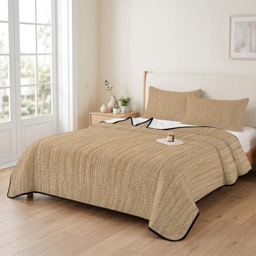 Queen Quilt Bedding Set, Minimalist Light Brown Soft Microfiber Summer Bedspread Coverlet with 2 Pillow Shams for All Season, Crosshatch Linen Textured Breathable Bedding Set for Hot Sleepers - size: Queen