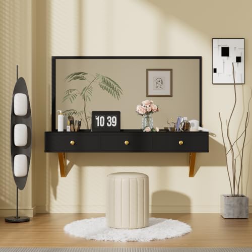 47" Floating Shelf with Drawer, Multi-Purpose Wall-Mounted Vanity Table, Mounted Desk, Floating Table for Bedroom, Bathroom, Hairdressers, Black and Golden (Black + MDF+Glass + 3 Drawers)