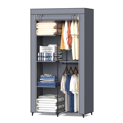 Gray Cover Portable Closet with 6 Shelves & 2 Hanging Rods | Wardrobe closet easy to assemble. Good storage functionality for basic needs. 34.6"×17.7"×66.1". Bedroom, dorm, apartment. - size: Medium