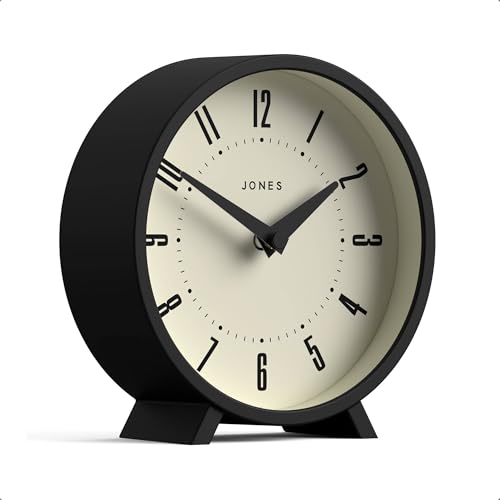 JONES CLOCKS® Venus Desk Clock | Modern Round Design | Black | Stylish Retro Look for Shelf, Table, Mantel or Bedside - color: Black