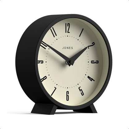 JONES CLOCKS® Venus Desk Clock | Modern Round Design | Black | Stylish Retro Look for Shelf, Table, Mantel or Bedside - color: Black