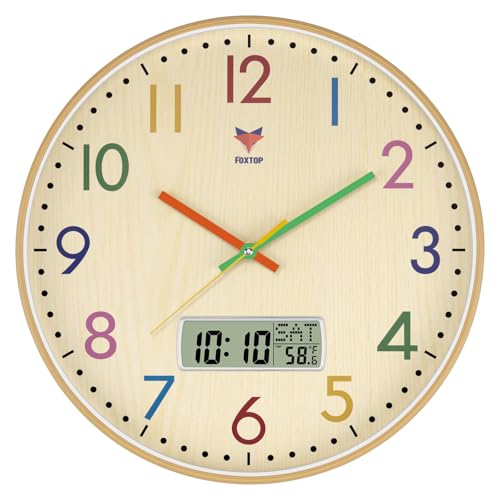 Foxtop Digital and Analog Learning Clock for Kids - Telling Time Teaching Clock 14 Inch Silent Non-Ticking Battery Operated Kids Wall Clock for Kids Room Playroom Nursery Classroom School - color: Colorful, size: 14 Inch