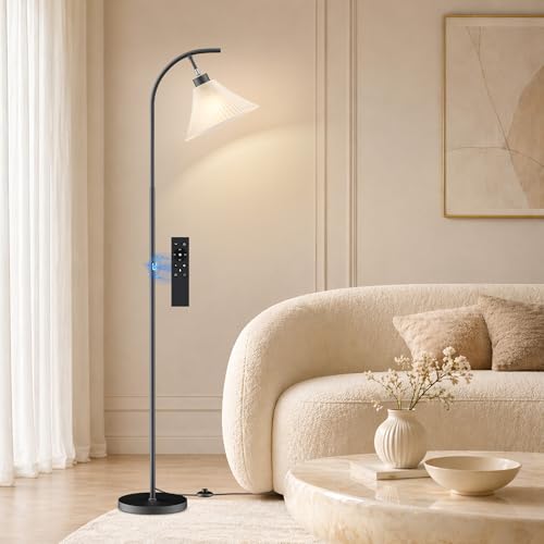 Glass Floor Lamp, Dimmable Black Standing Lamp with Remote Control & 3 Color Temperatures, Modern Arc Floor Lamps for Living Room Bedroom Office Corner, 9W LED Bulb Included - color: Black