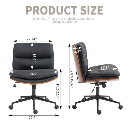 Armless Modern Walnut Office Desk Chair with Wheels, PU Leather Adjustable Wide Swivel Task Chair, Ergonomic Cross Legged Computer Chair for Conference Room, Home Office (Black) - color: Black