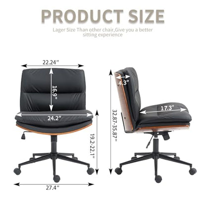 Armless Modern Walnut Office Desk Chair with Wheels, PU Leather Adjustable Wide Swivel Task Chair, Ergonomic Cross Legged Computer Chair for Conference Room, Home Office (Black) - color: Black