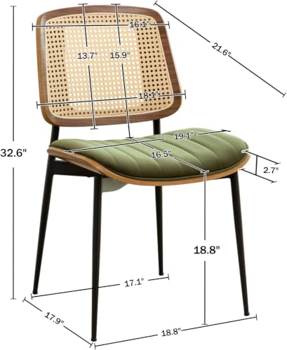 Rattan Dining Room Chairs Set of 4, Mid Century Modern Kitchen Chairs,Green Velvet Walnut Wood Finish Side Chair, Metal Legs Chair with Rattan Backrest,Green Fabric - color: Green 2, size: Set of 4