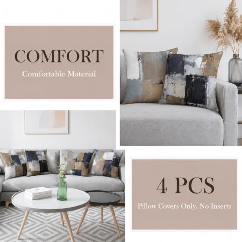 Brown Grey Abstract Throw Pillow Covers 18x18 Set of 4 | Brown, Grey & Taupe Modern‑Art Cushion Cases, neutral aesthetic pillowcases for sofa, bedroom & chair - color: Earth Tone Brown and Blue Grey, size: 18" x 18" (Pack of 4)