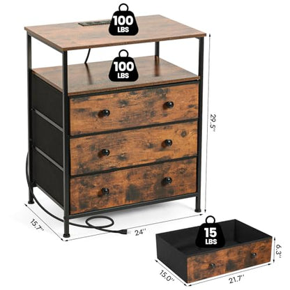 3-Drawer LED Nightstand with Charging Station, Rustic Brown | Engineered Wood and Steel, 2 AC and 2 USB ports, 24 Inch Wide, RGB App Control, Fabric Drawers, Open Storage Shelf - color: Rustic Brown