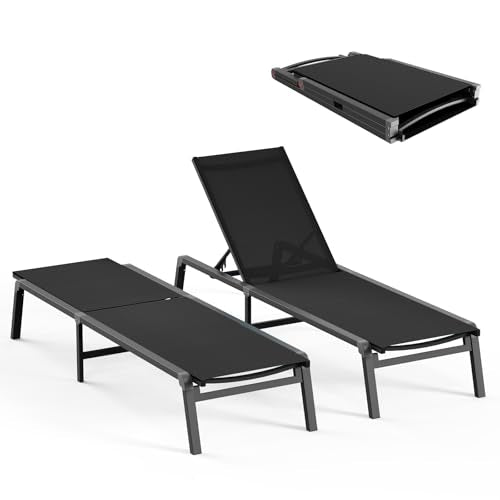Patio Chaise Lounge Chair, Foldable Lounge Chair for Outside, Aluminum Chairs Set of 2 with 5 Adjustable Backrest, Outdoor Pool Lounger for Poolside, Lawn, Deck, Black - color: Black, size: 2 Packs