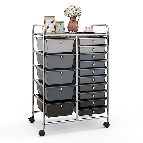 Giantex 15 Drawers Rolling Cart, Classroom Organizers, Storage Cart with Wheels, for Teacher Office Home School Supplies Tool Craft Art Paper - color: Gray & Black, size: 15 Drawers (5 Big +10 Small)